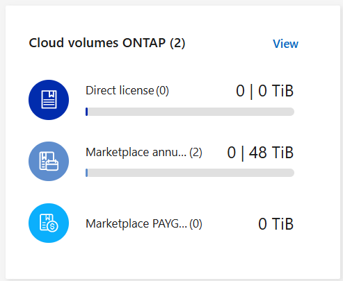 width=300 une capture d'écran affichant le résumé de la capacité de vos licences et abonnements Cloud Volumes ONTAP .