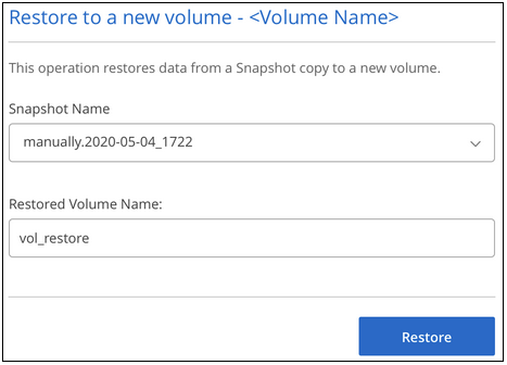 Capture d'écran de la sélection de la copie Snapshot à restaurer vers un nouveau volume
