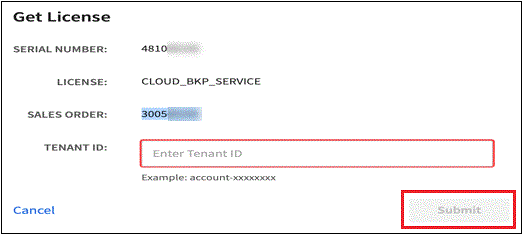 Capture d'écran affichant la boîte de dialogue obtenir la licence dans laquelle vous entrez votre ID de locataire, puis sélectionnez Envoyer pour télécharger le fichier de licence.