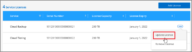 Capture d'écran de la sélection du bouton mettre à jour la licence pour un service particulier.