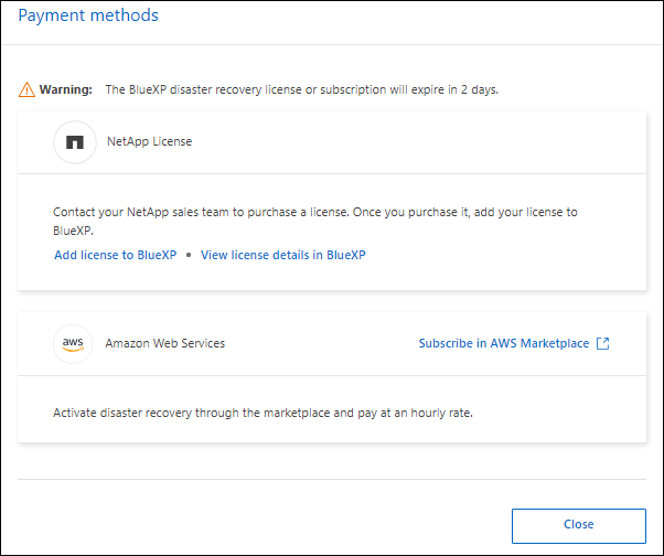 Page modes de paiement de reprise d'activité BlueXP