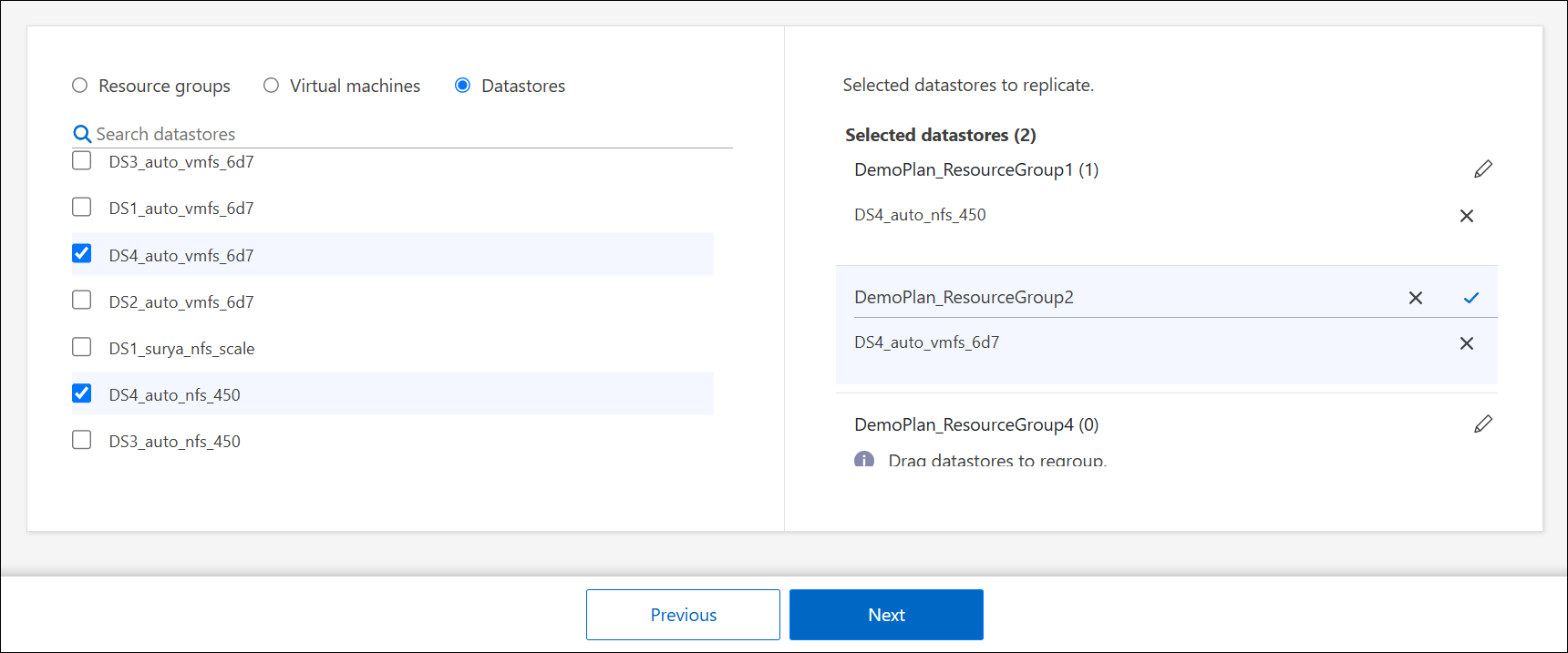 Capture d'écran montrant la page Ajouter un plan de réplication > applications à répliquer