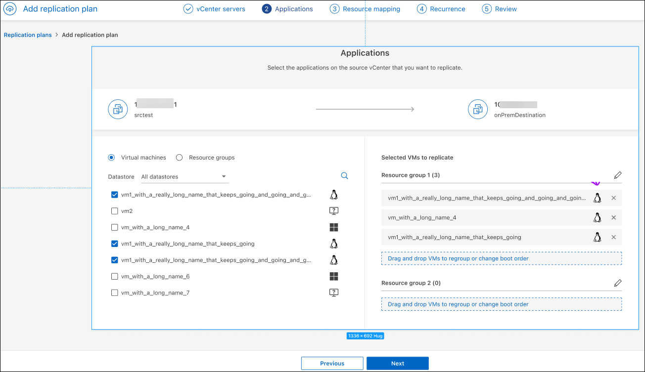 Capture d'écran montrant la page Ajouter un plan de réplication > applications à répliquer