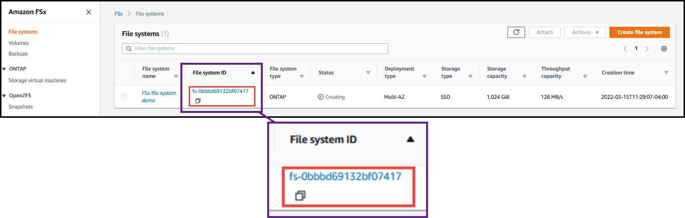 Capture d’écran de l’ID du système de fichiers FSX dans la console de gestion AWS.