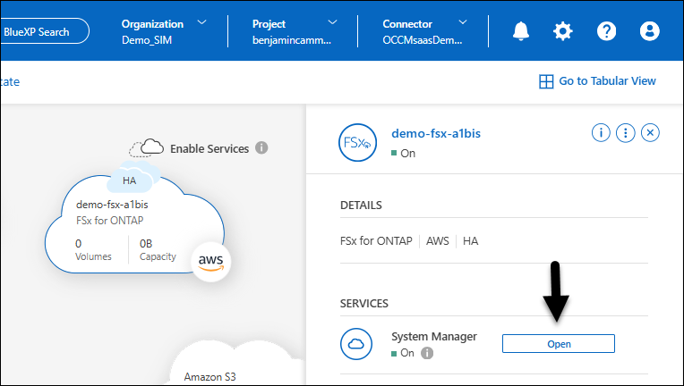 Capture d'écran du panneau de droite de la zone de travail BlueXP  après avoir sélectionné un environnement de travail affichant l'option System Manager.