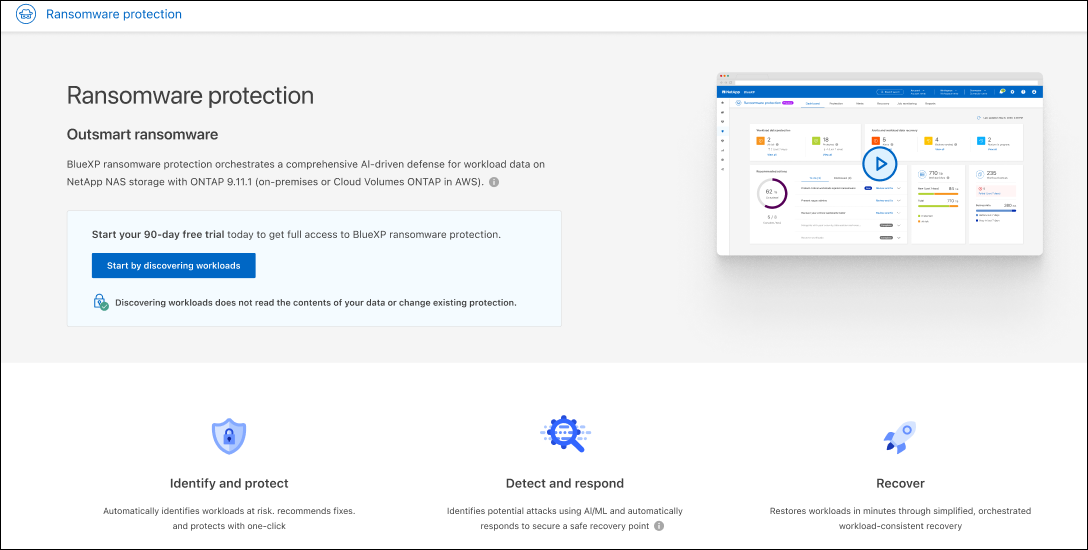 Copie d'écran de la page d'accueil pour la protection BlueXP contre les ransomware