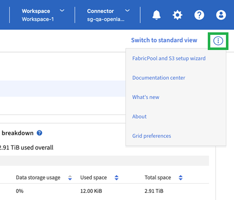 Capture d'écran d'un environnement de travail StorageGRID où un menu d'action est disponible en haut à droite de l'écran.