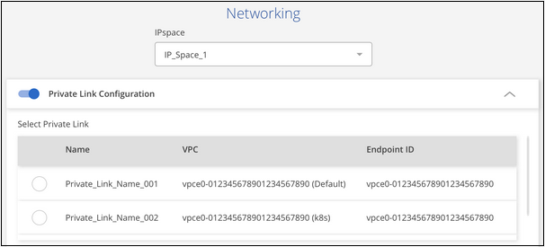 Cette capture d’écran présente les informations de mise en réseau lors de la sauvegarde des volumes d’un système ONTAP vers AWS S3.