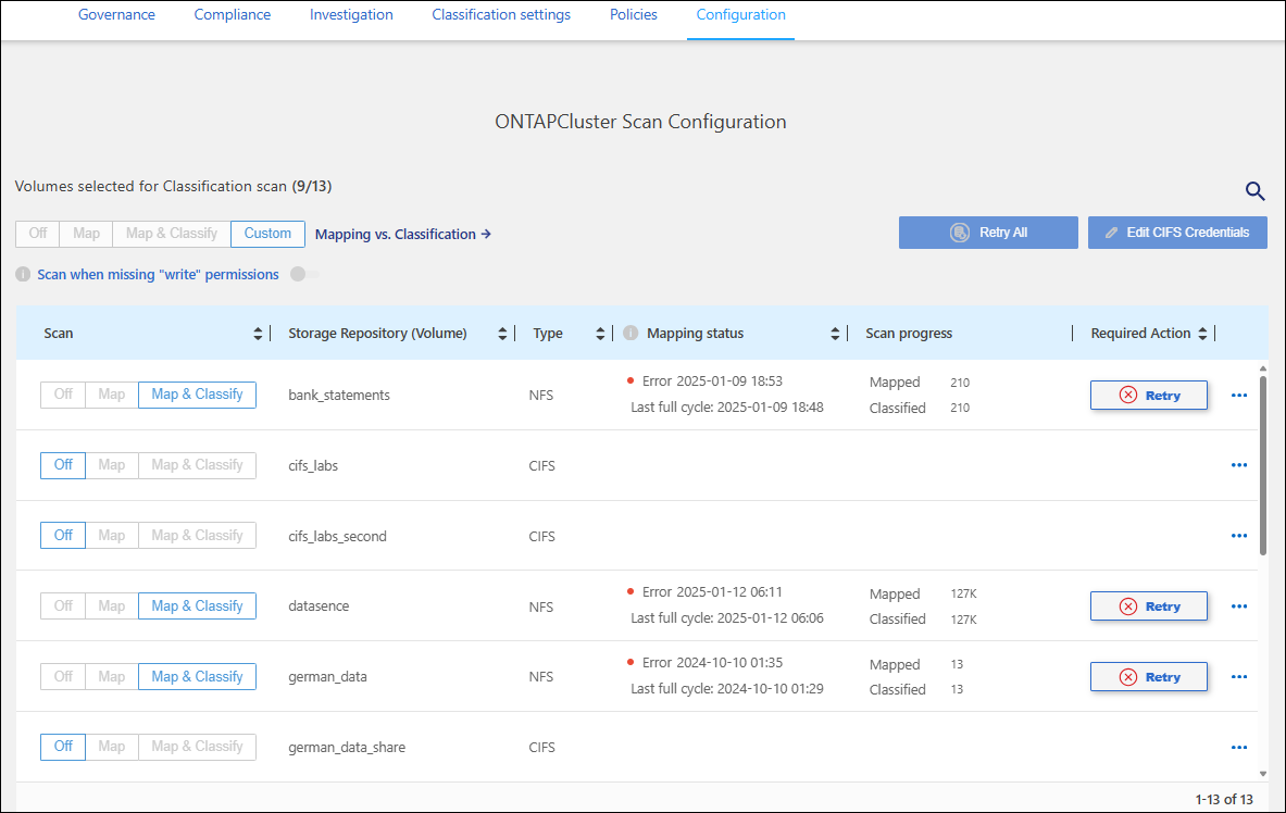 Une capture d’écran de l’onglet Configuration montrant les options de mappage et de classification des référentiels.