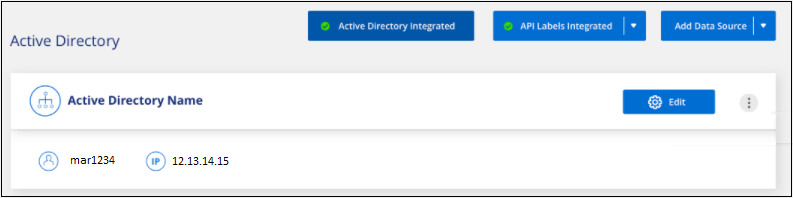 Copie d'écran montrant la nouvelle architecture Active Directory intégrée dans la classification BlueXP.