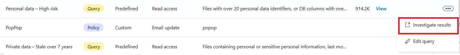 Capture d'écran de la sélection de l'option Enquêter sur les résultats pour une recherche spécifique à partir de l'onglet Requête enregistrée.