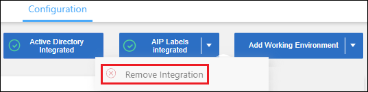 Copie d'écran montrant comment supprimer les intégrations d'AIP avec la classification BlueXP.