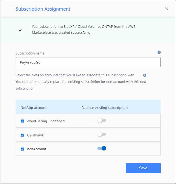 Capture d'écran de la page Subscription Assignment qui vous permet de choisir les comptes BlueXP exacts à associer à cet abonnement.