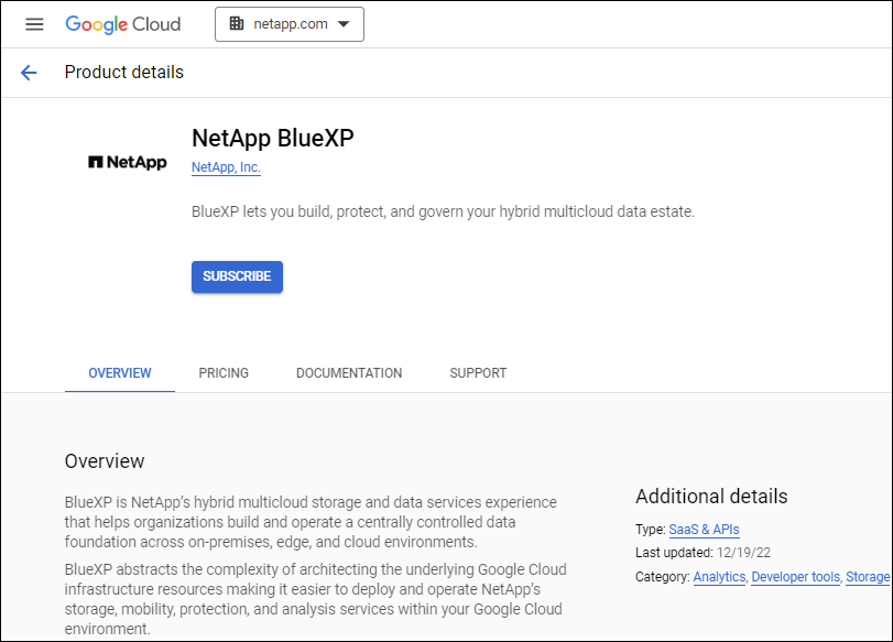 Copie d'écran de la page Cloud Volumes ONTAP Marketplace dans Google Cloud.