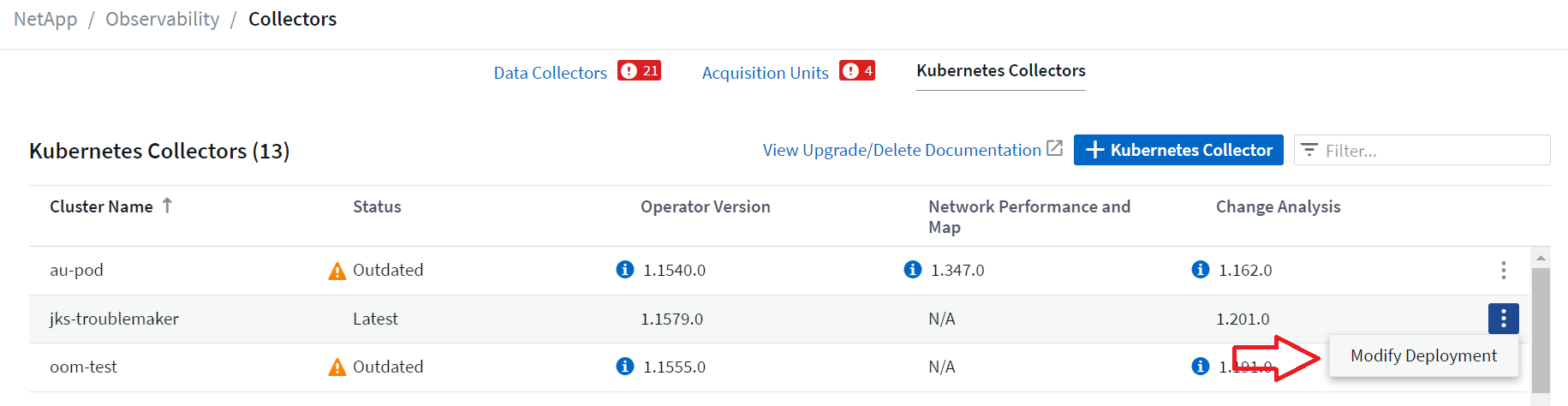 Modifier le menu de déploiement sur la page de liste du collecteur Kubernetes