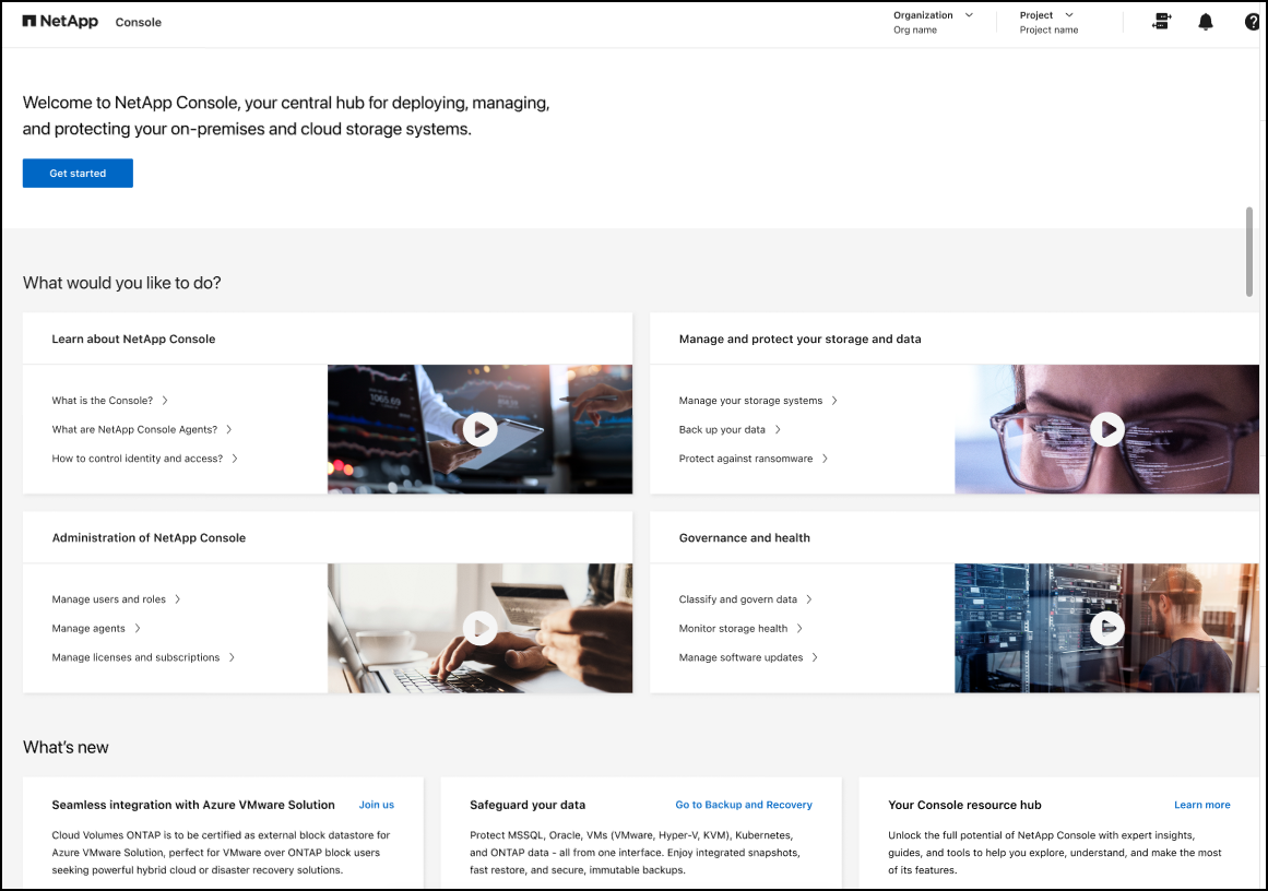 Page d'accueil de la console NetApp accueillant les nouveaux utilisateurs
