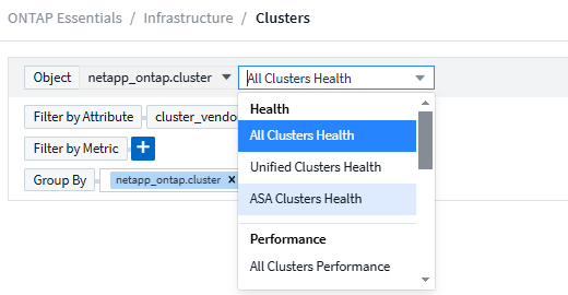 La liste déroulante ONTAP Essentials présente ASA comme étant distinct du stockage unifié