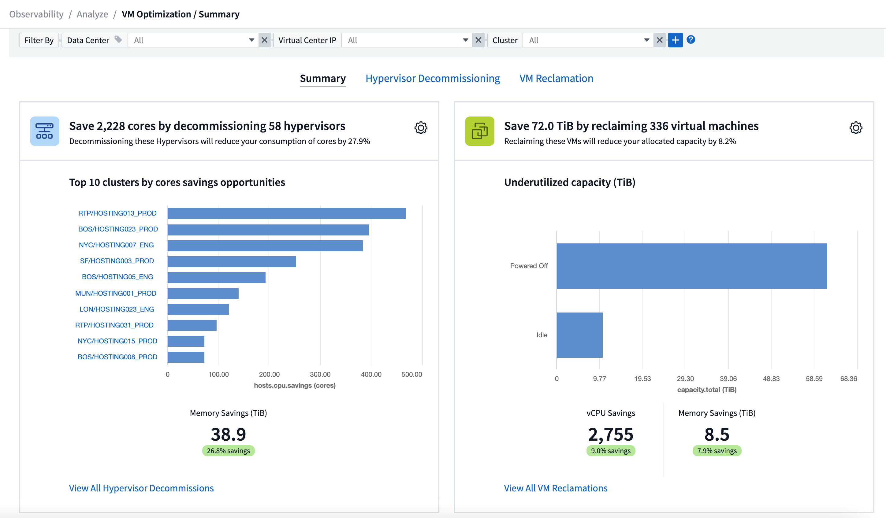 Écran de résumé de l'optimisation VM