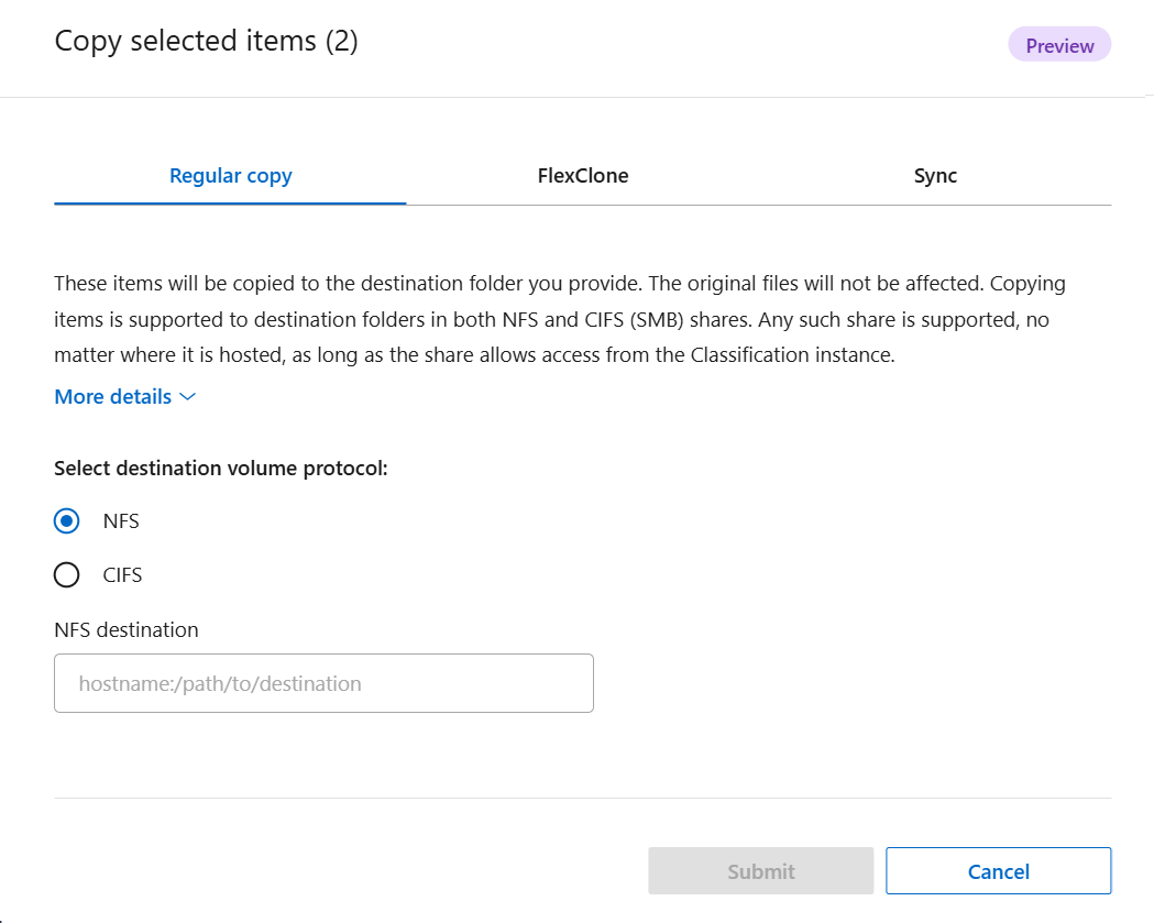 Capture d'écran de la fonction de copie pour les fichiers NFS