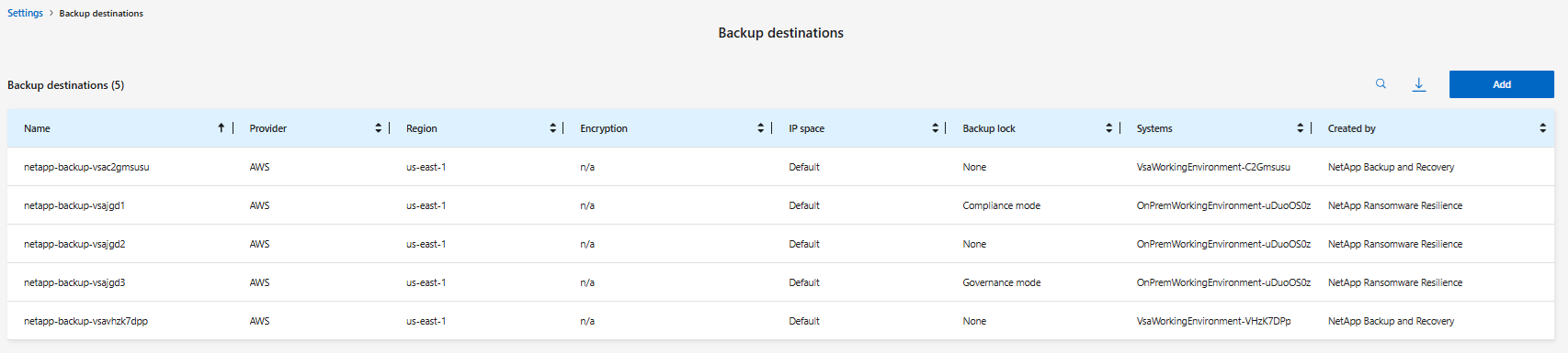 Page des destinations de sauvegarde l'option Paramètres