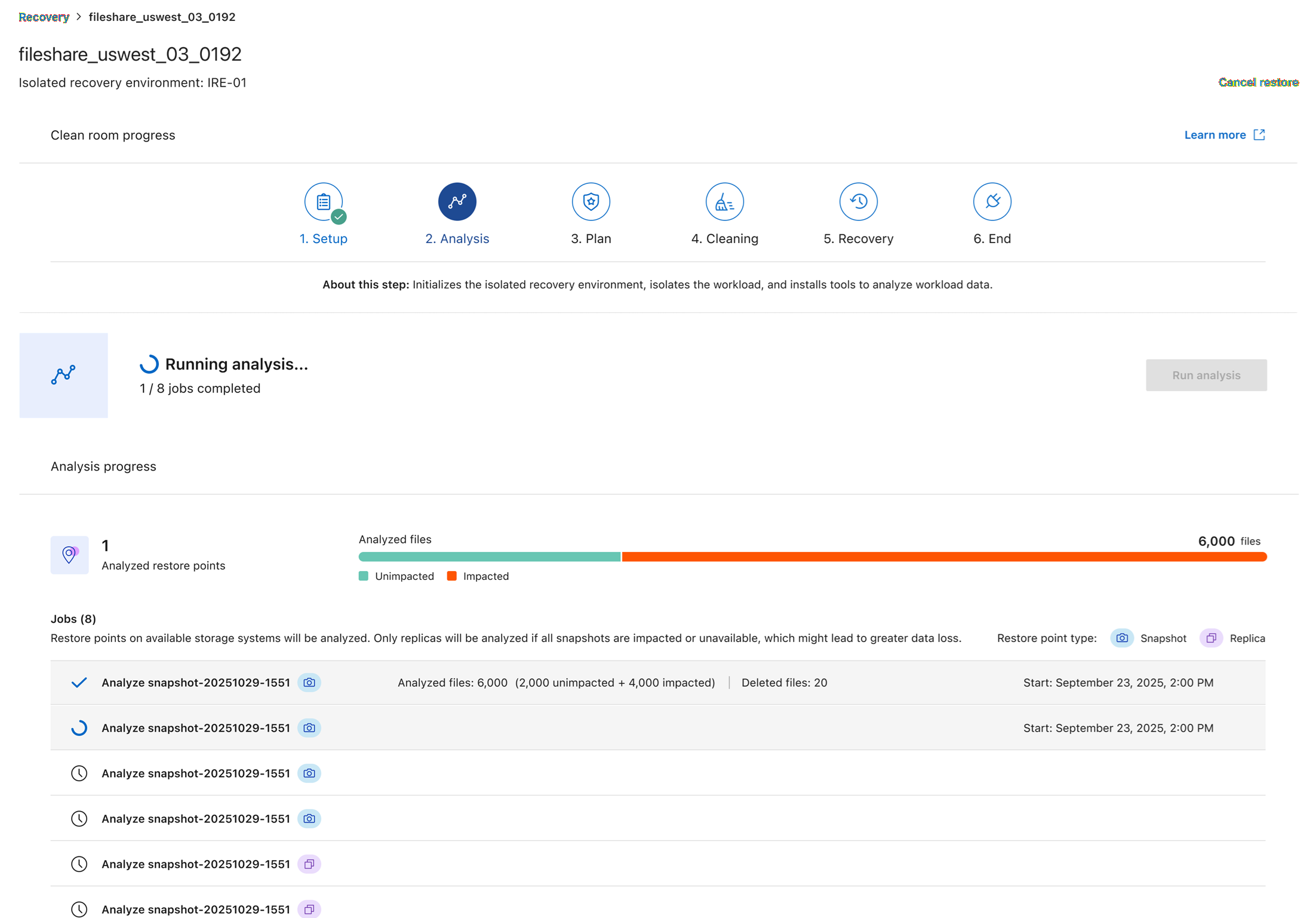 Capture d'écran de l'étape d'analyse de restauration propre.
