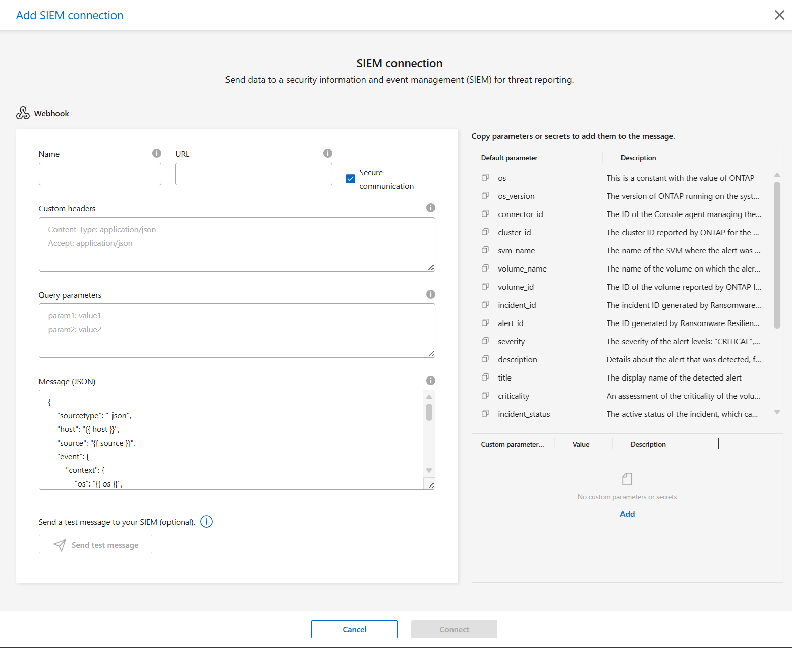 Capture d'écran de la configuration du webhook SIEM.