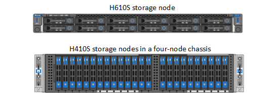 La vue avant des nœuds de stockage H610S et H410S est illustrée.