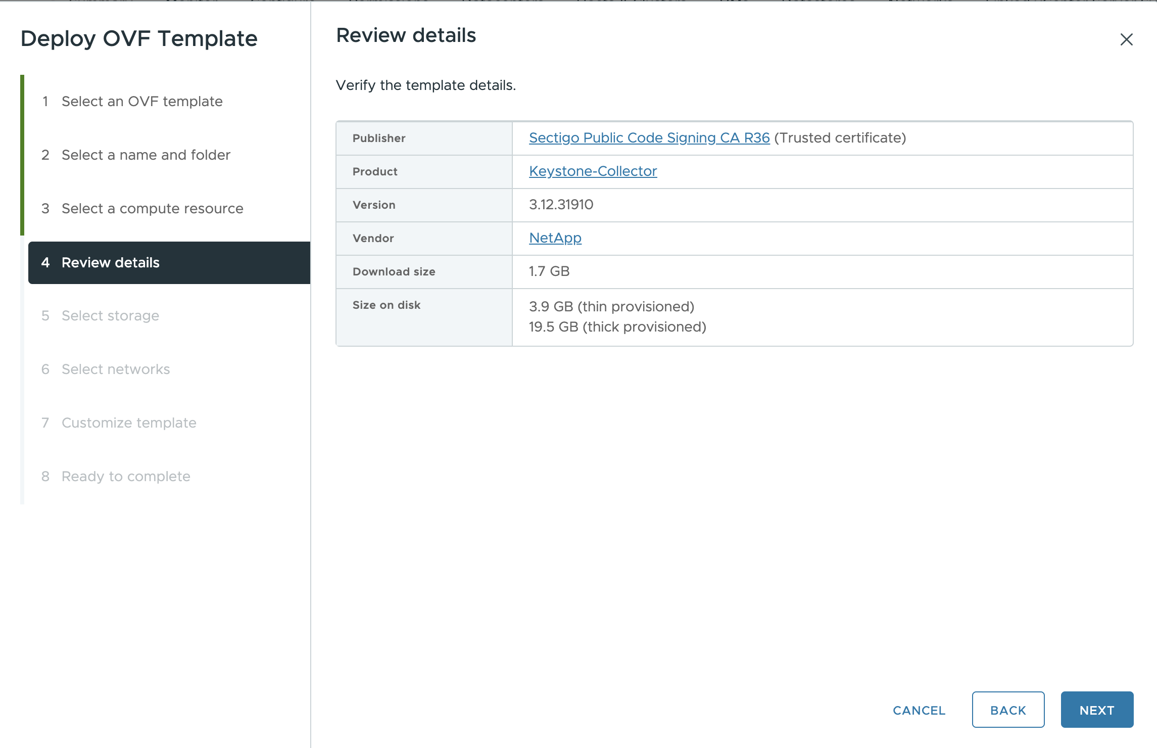 Interface utilisateur OVA affichant un certificat vérifié