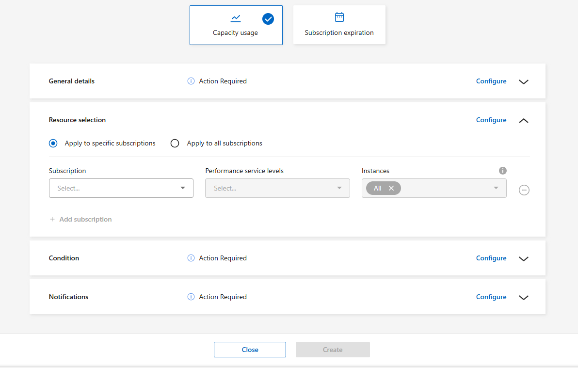 Une capture d'écran de la sélection des ressources pour le moniteur d'utilisation de la capacité