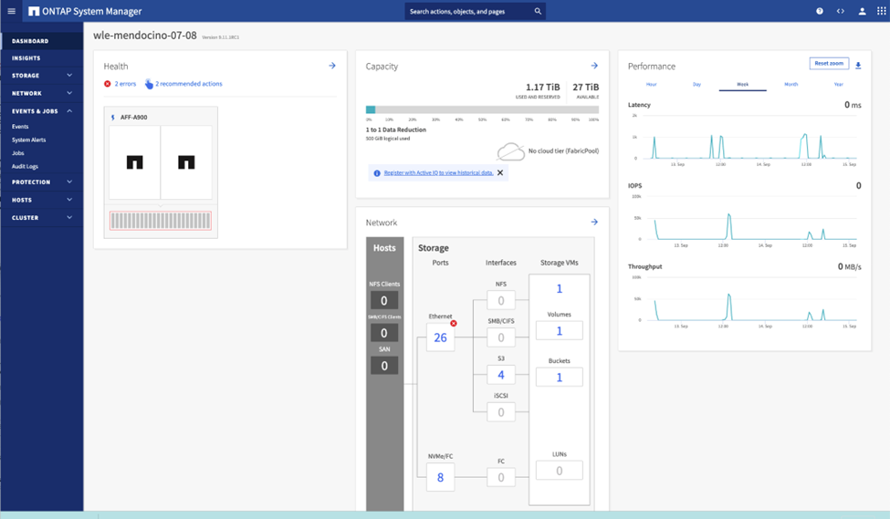 Ce graphique montre l’espace de travail d’ ONTAP System Manager.