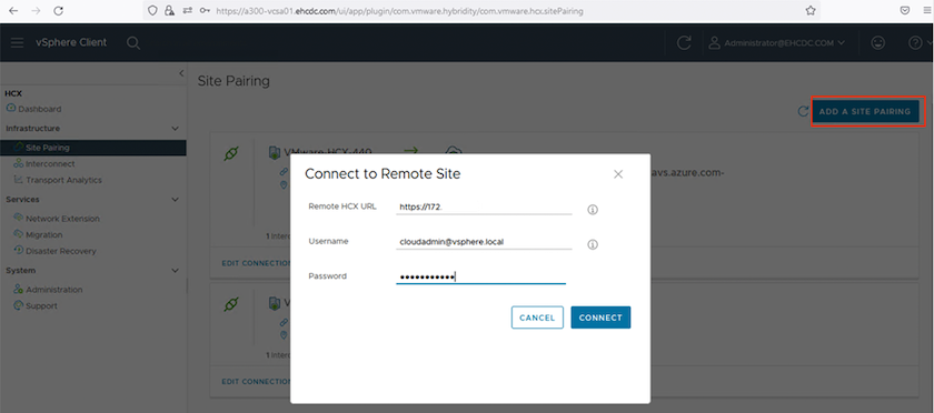 URL de capture d’écran ou adresse IP et informations d’identification pour le rôle CloudAdmin.