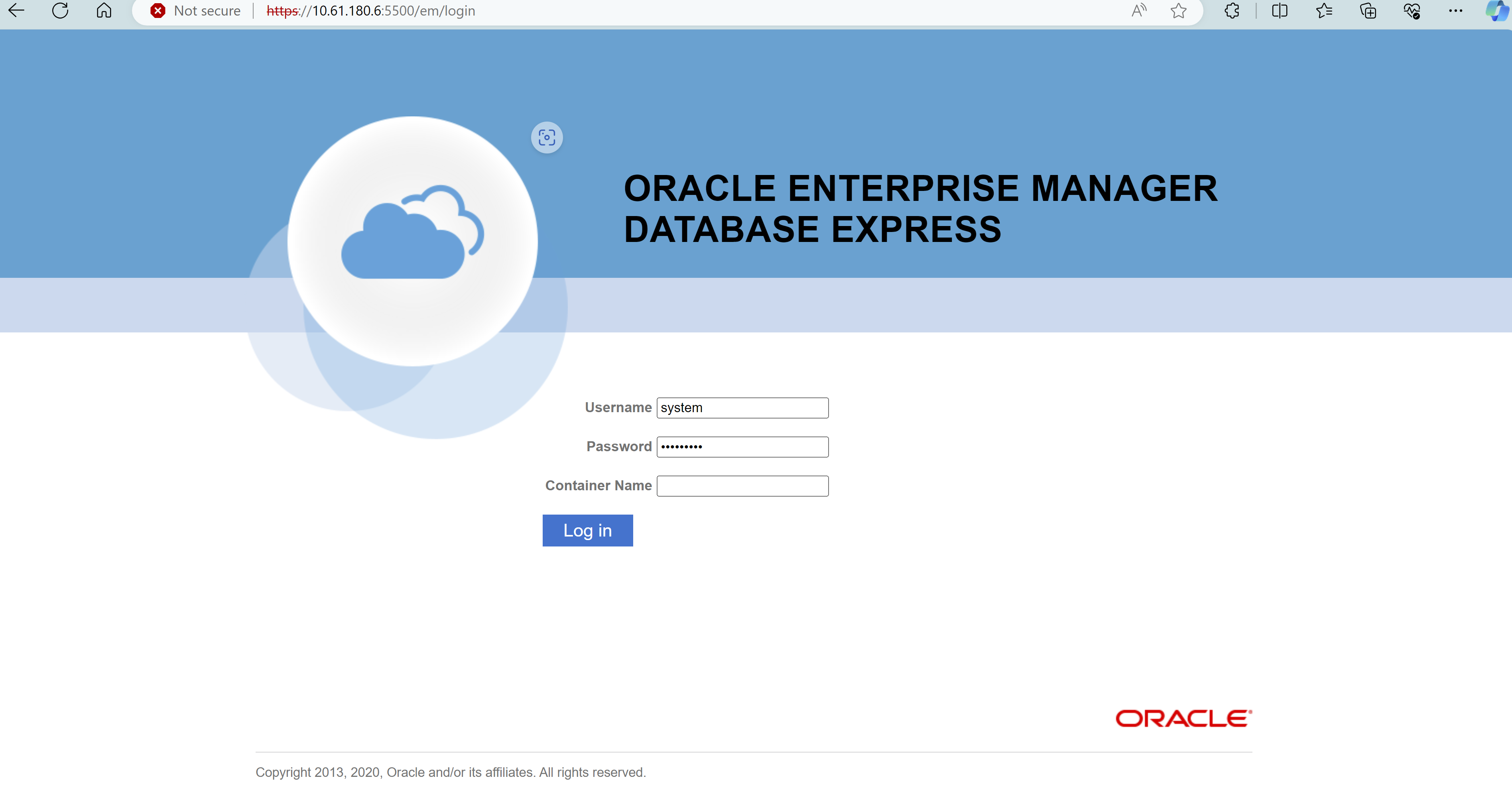 Cette image fournit l'écran de connexion pour Oracle Enterprise Manager Express