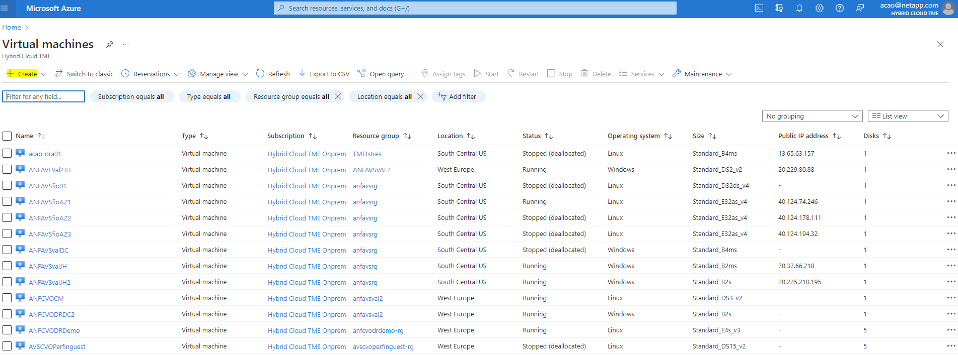Cette capture d’écran montre la liste des machines virtuelles Azure disponibles.