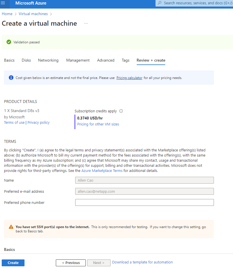 Cette capture d'écran montre l'entrée pour la page de révision et de création de Créer une machine virtuelle