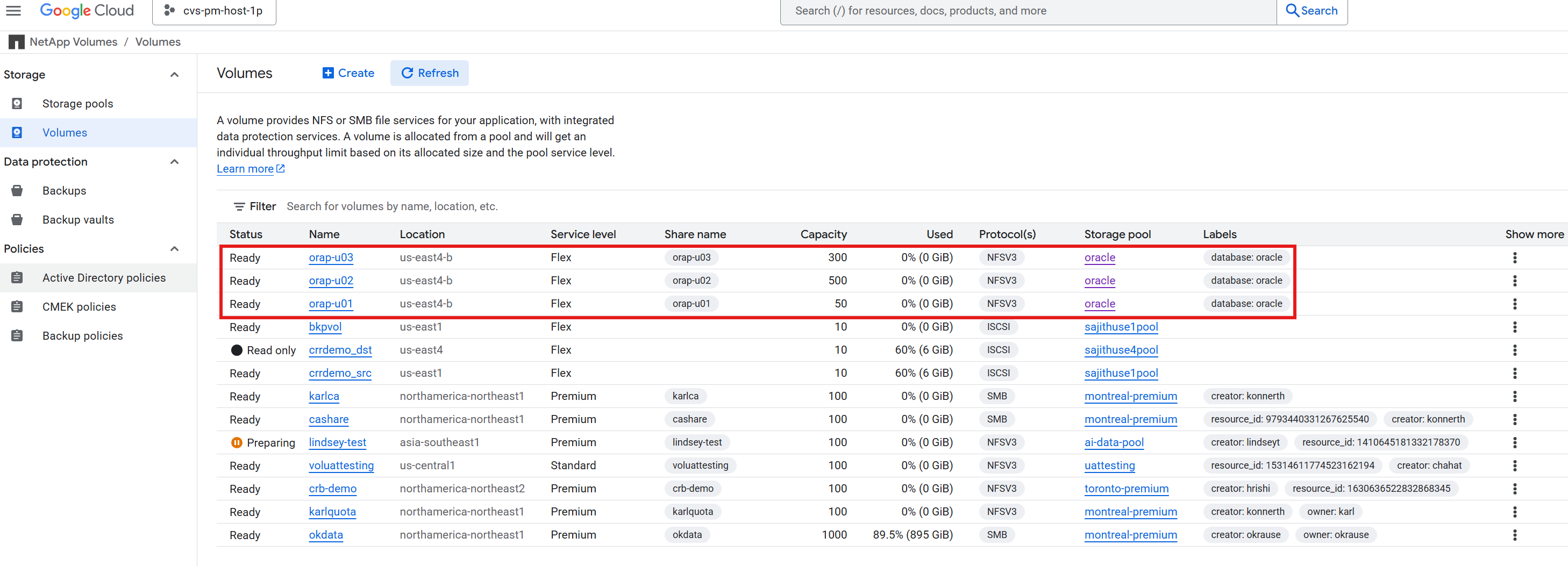 Cette image présente des captures d'écran de la configuration des volumes GCNV pour le déploiement d'Oracle dans Google Cloud avec NFS.