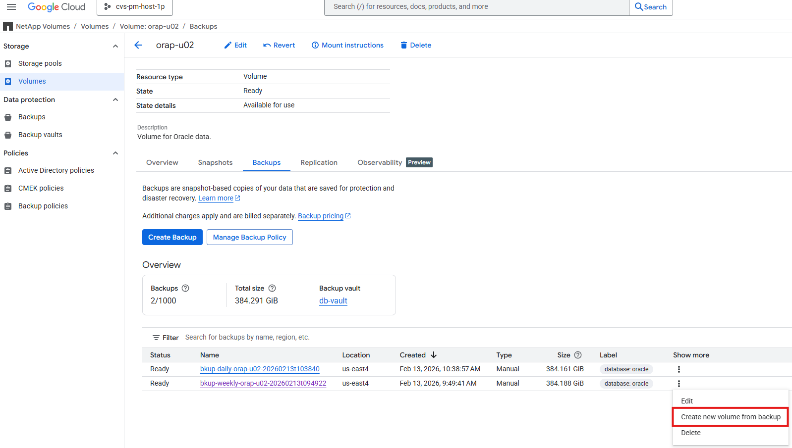 Cette image présente des captures d'écran pour la restauration de sauvegarde GCNV vault pour un déploiement Oracle dans Google Cloud avec NFS.