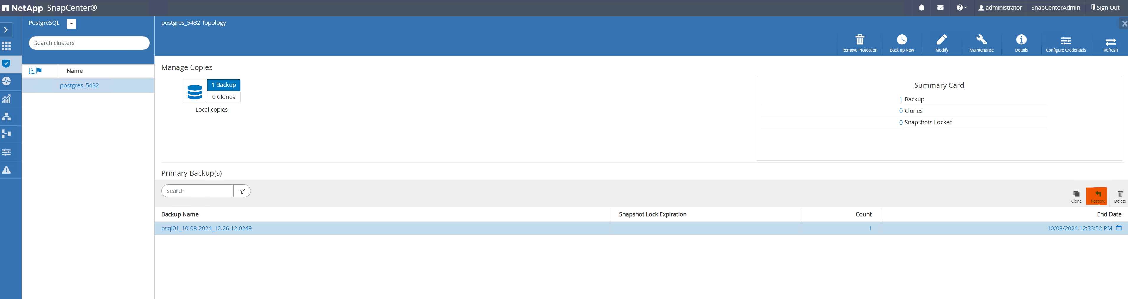 Cette image fournit la restauration de la base de données pour le serveur SnapCenter