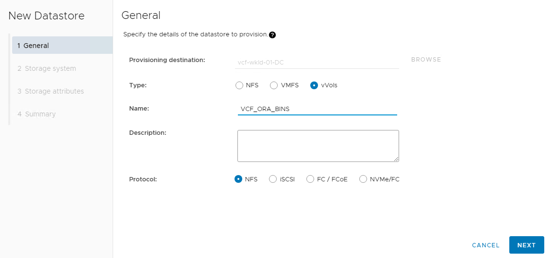 Capture d'écran montrant la configuration de la banque de données vVols .