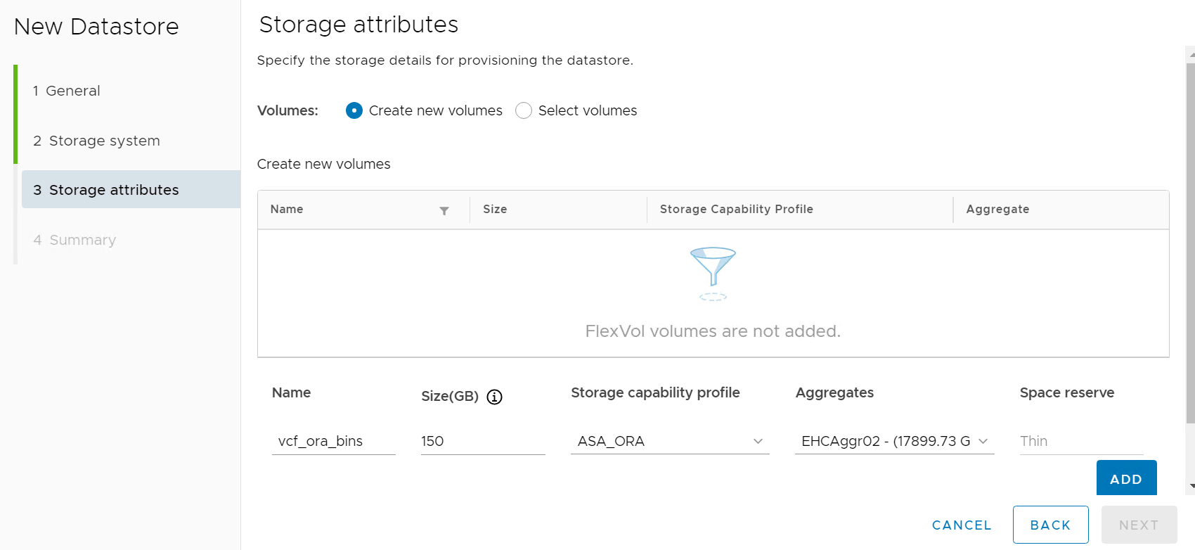 Capture d'écran montrant la configuration de la banque de données vVols .