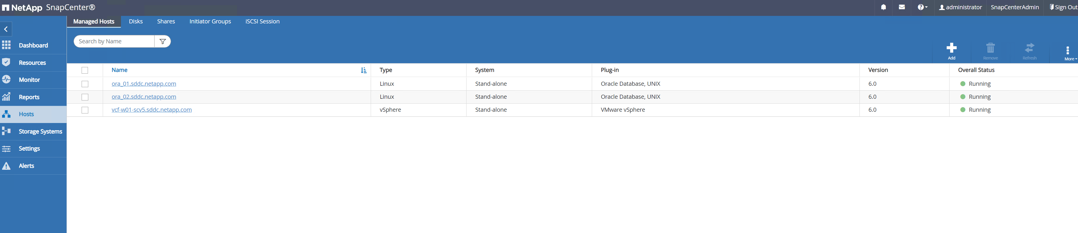 Capture d'écran montrant la configuration de SnapCenter .