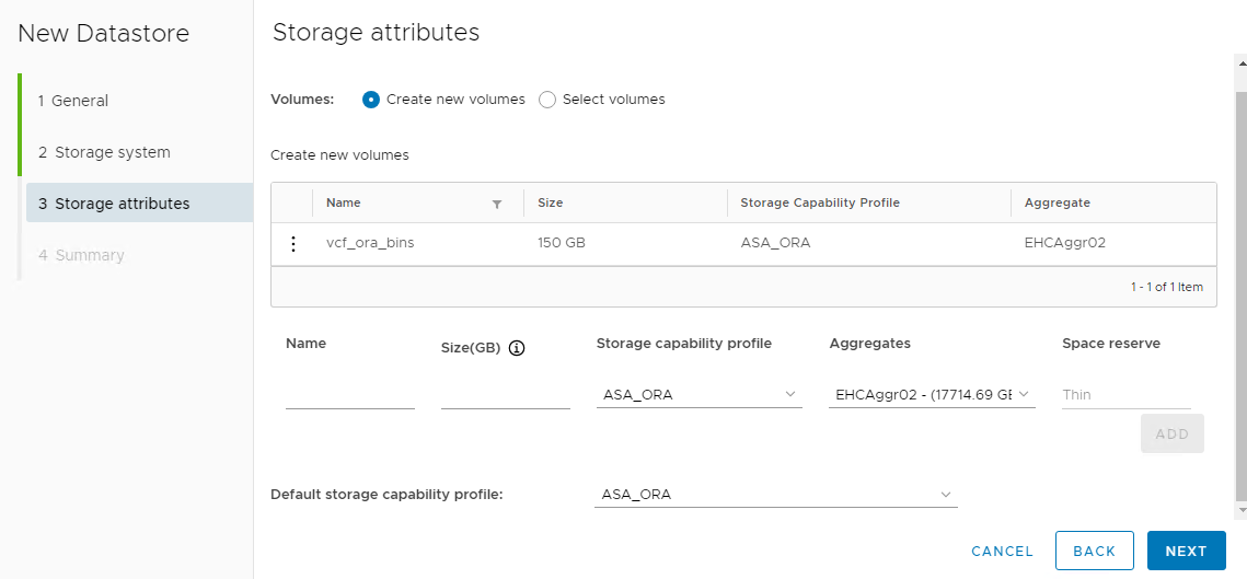 Capture d'écran montrant la configuration de la banque de données vVols .
