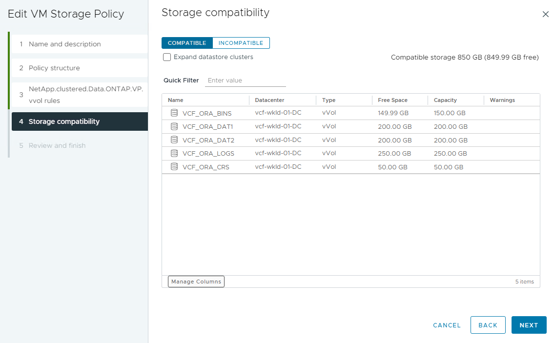 Capture d’écran montrant une configuration de politique de stockage de machine virtuelle.