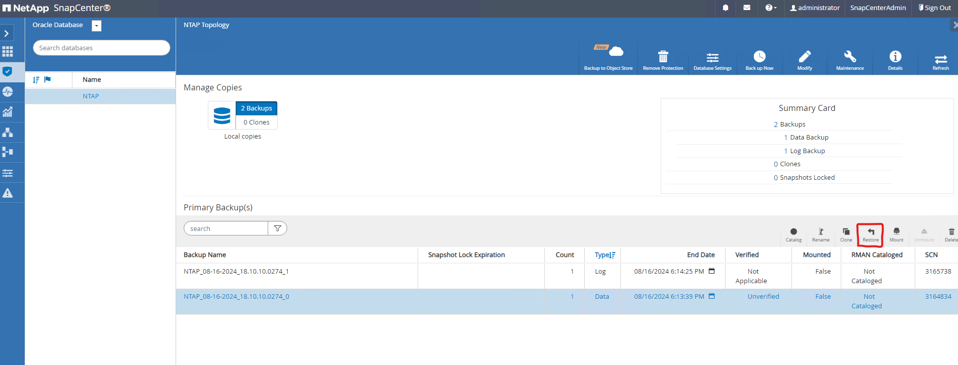 Capture d'écran montrant la configuration de SnapCenter .
