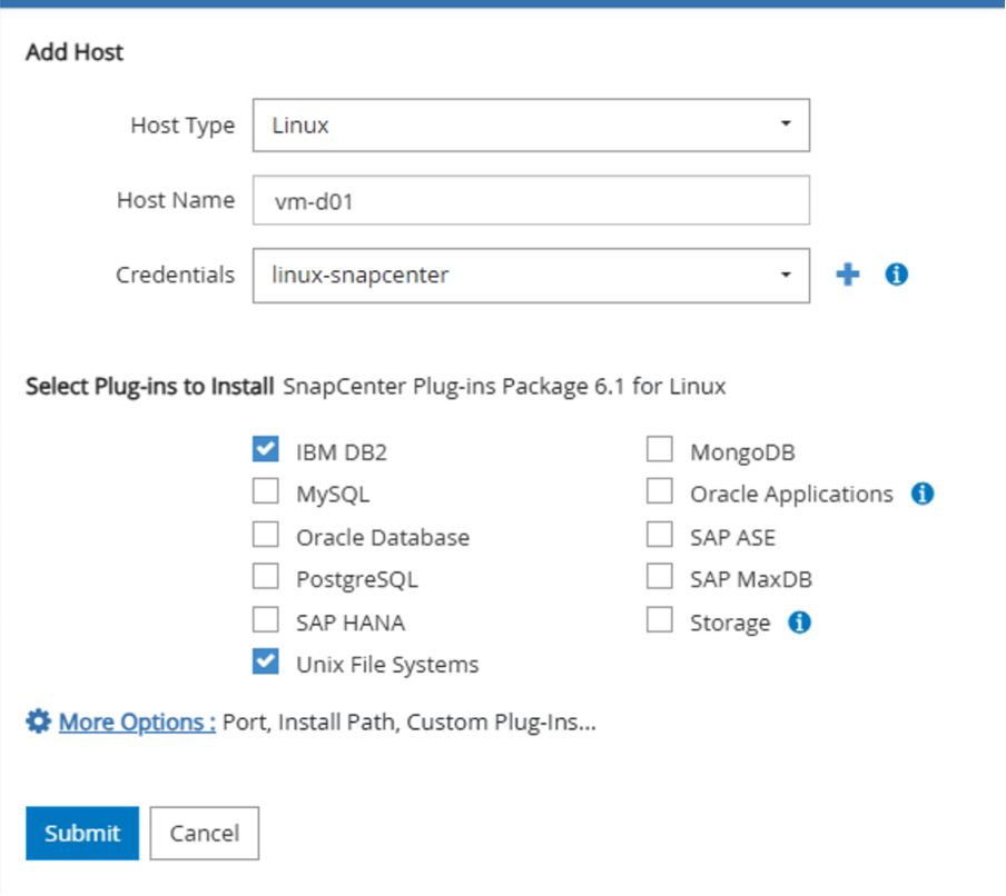 Capture d'écran de l'ajout de plug-ins de système de fichiers IBM DB2 et Unix