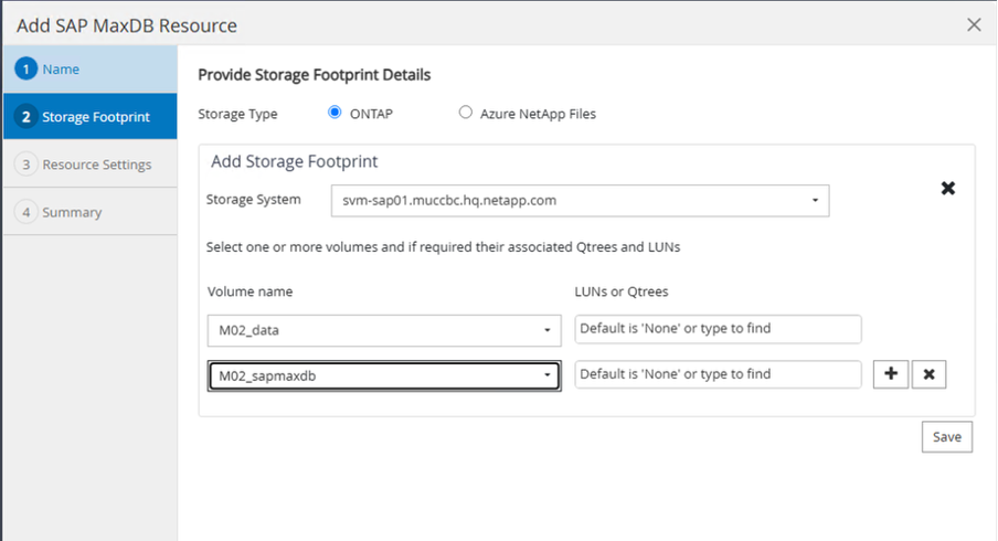 Capture d'écran de l'interface utilisateur fournir les détails de l'empreinte du stockage