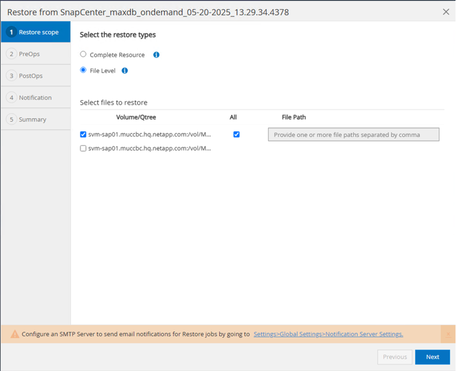 Capture d'écran de l'interface utilisateur Restaurer à partir de la ressource