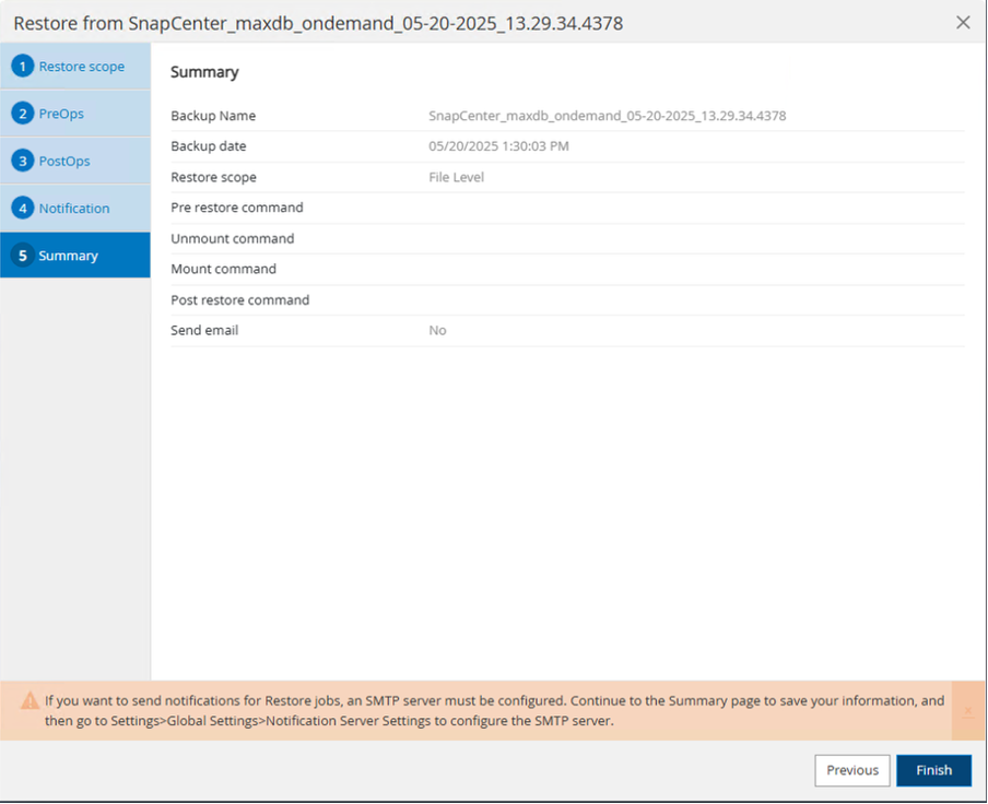 Capture d'écran de l'interface utilisateur Restaurer à partir de la ressource