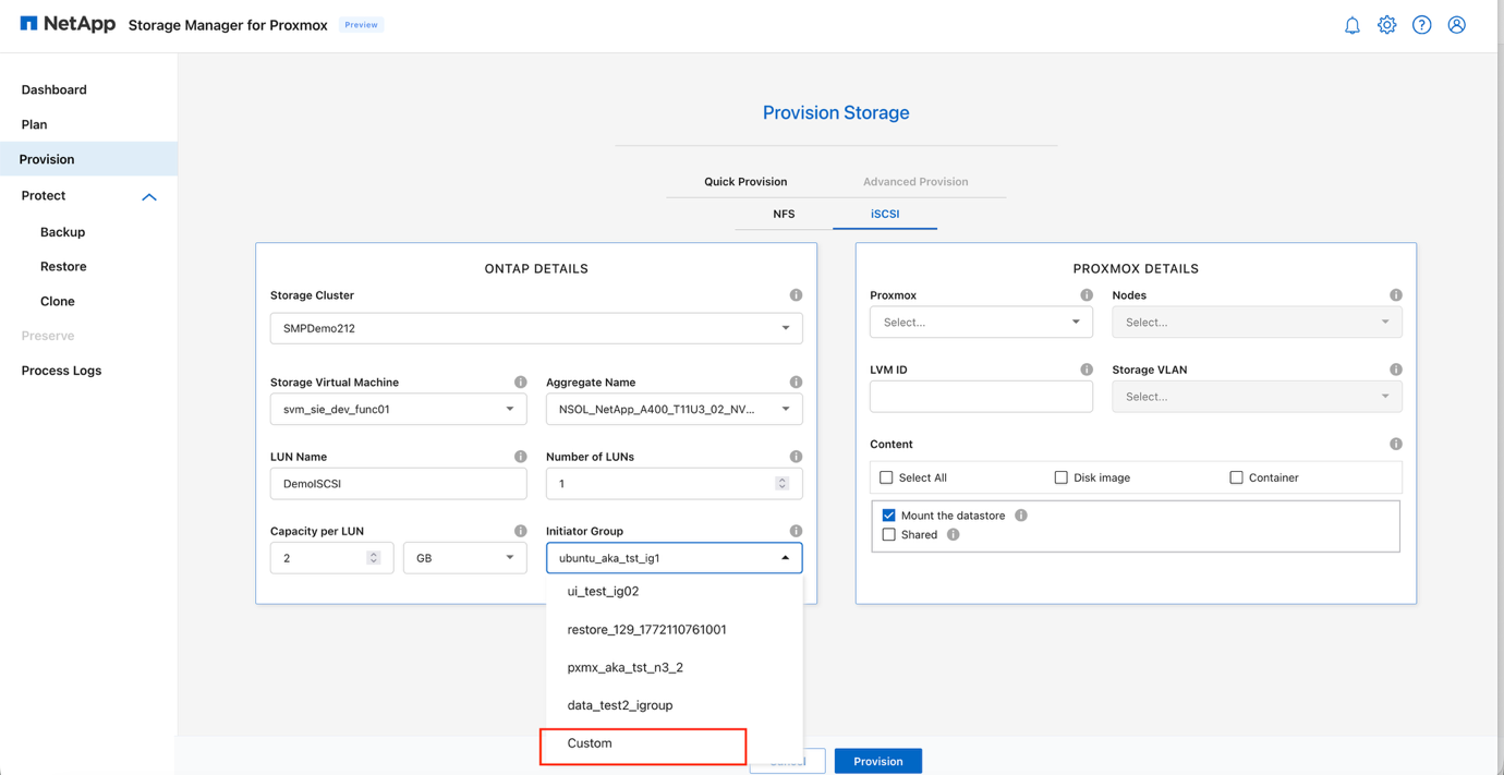Section Détails iSCSI ONTAP présentant les options de configuration LUN