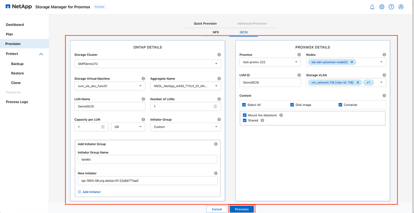 Section Détails iSCSI Proxmox affichant la configuration du pool de stockage