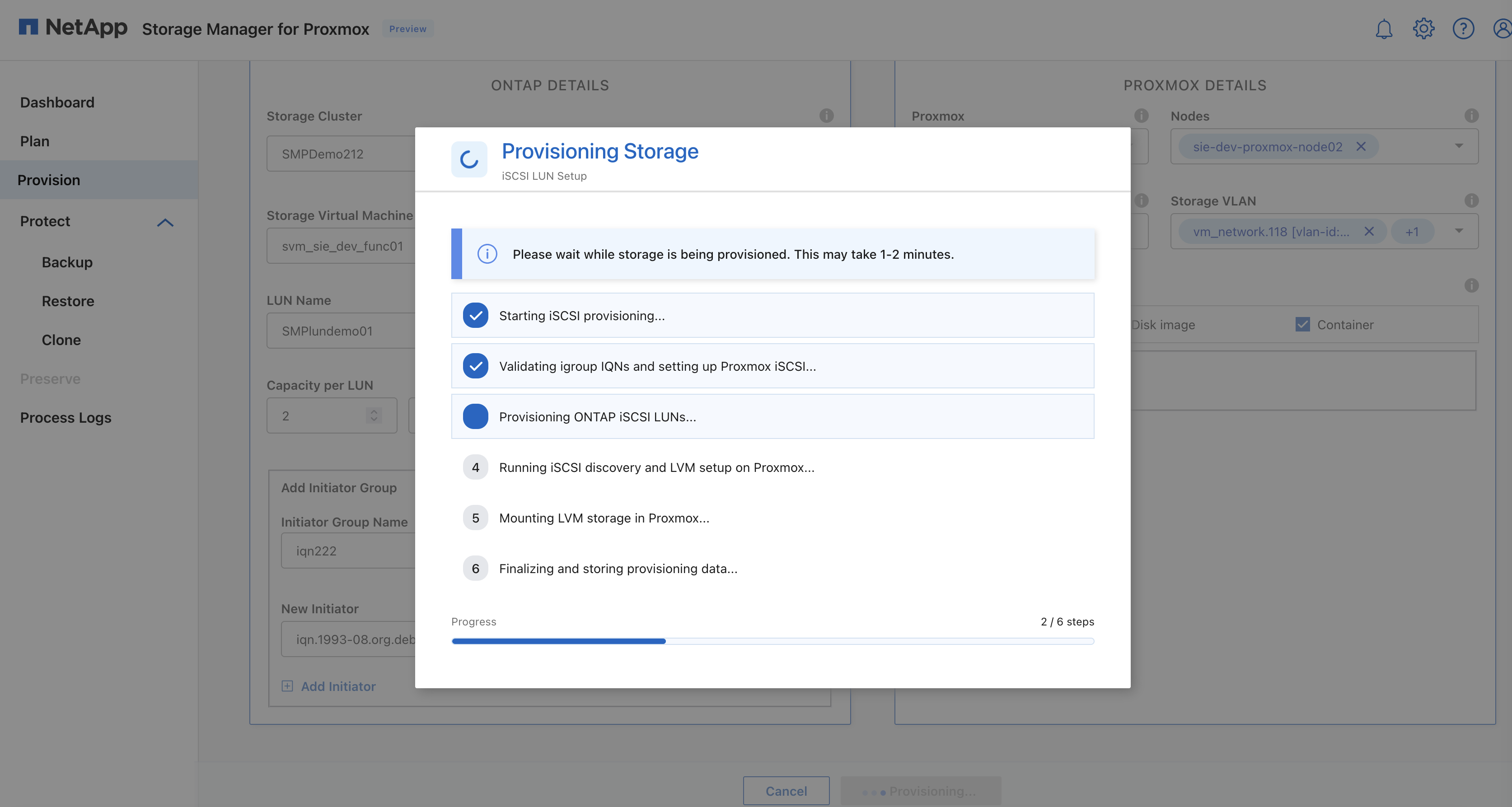 Provisionnement des LUN iSCSI en cours